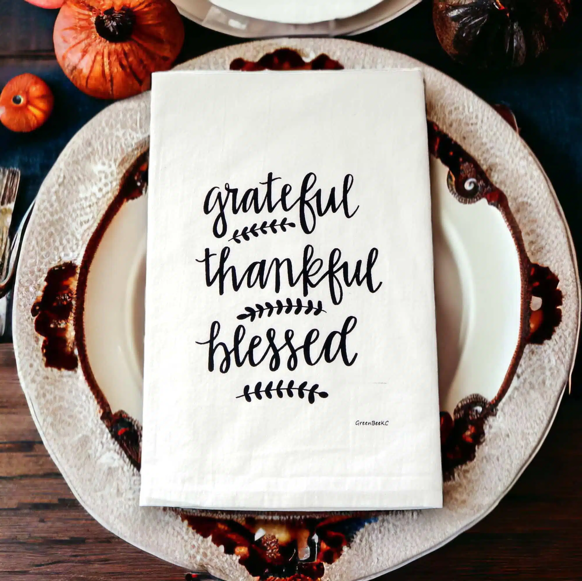 Burgundy Kitchen Towel Embroidered Grateful, Thankful, and Blessed 