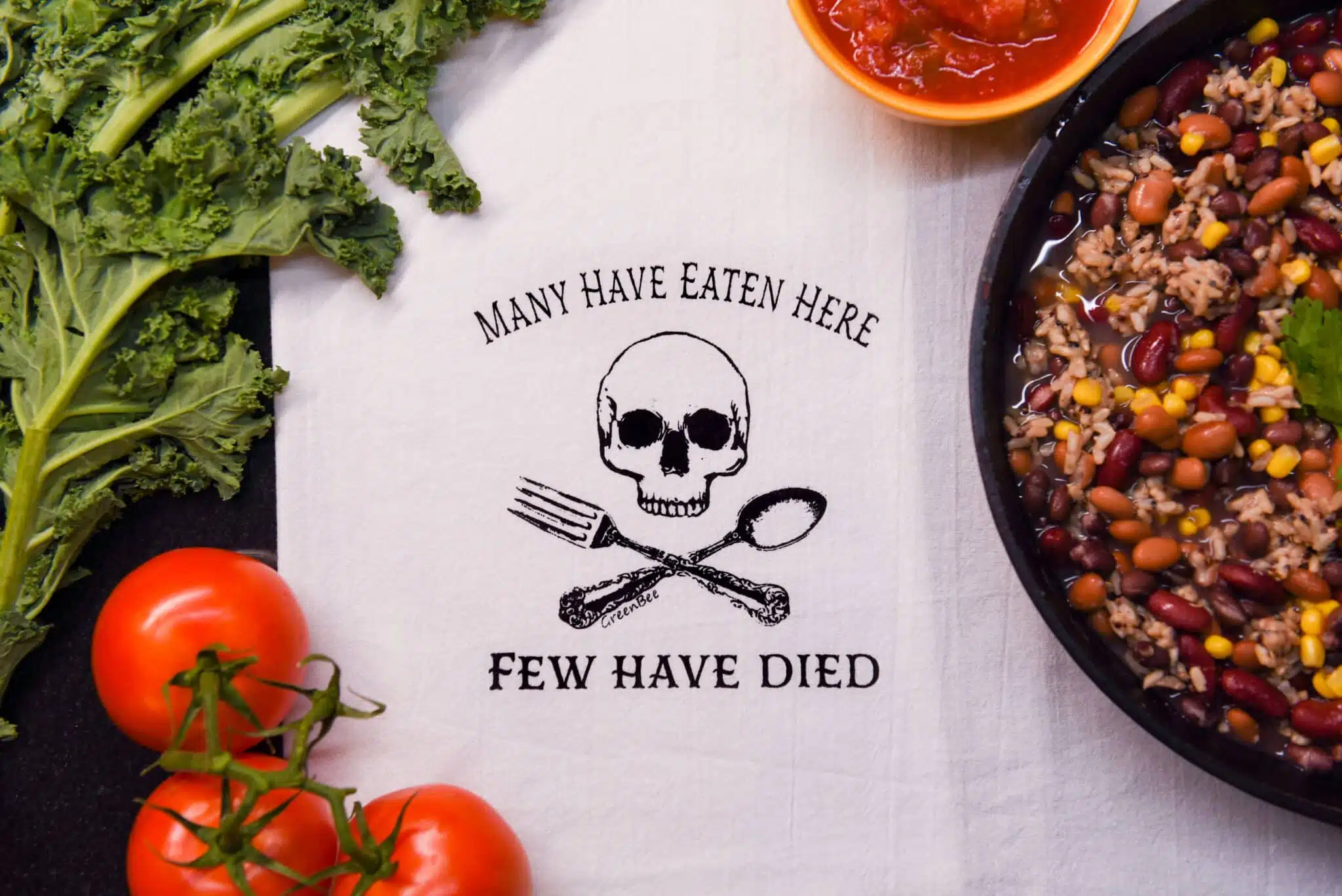 Many Have Eaten Here, Few Have Died Design Kitchen Towel — Potter's Printing