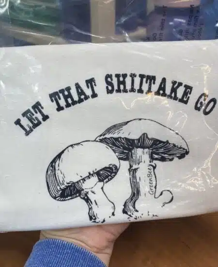 tea towel with mushroom and pun that says Let that shiitake go
