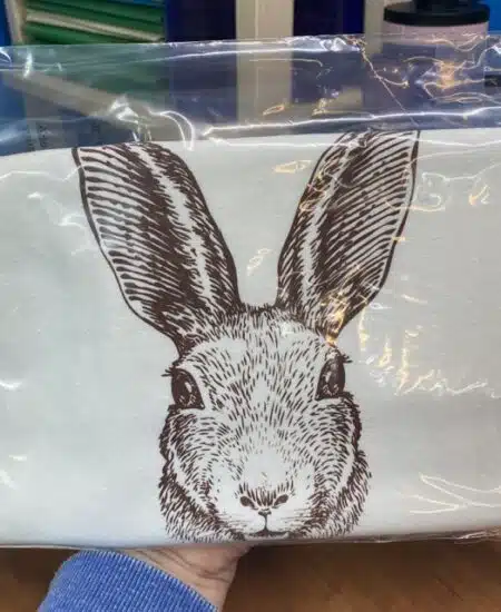 bunny rabbit with big ears printed with brown ink on cotton tea towel