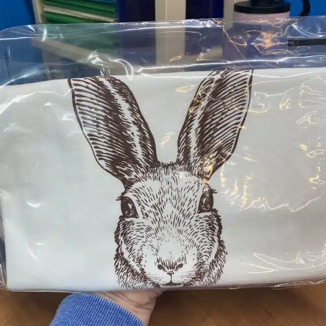 bunny rabbit with big ears printed with brown ink on cotton tea towel