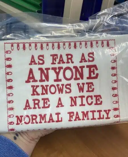 tea towel printed in red ink that says as far as anyone knows we are a nice normal family