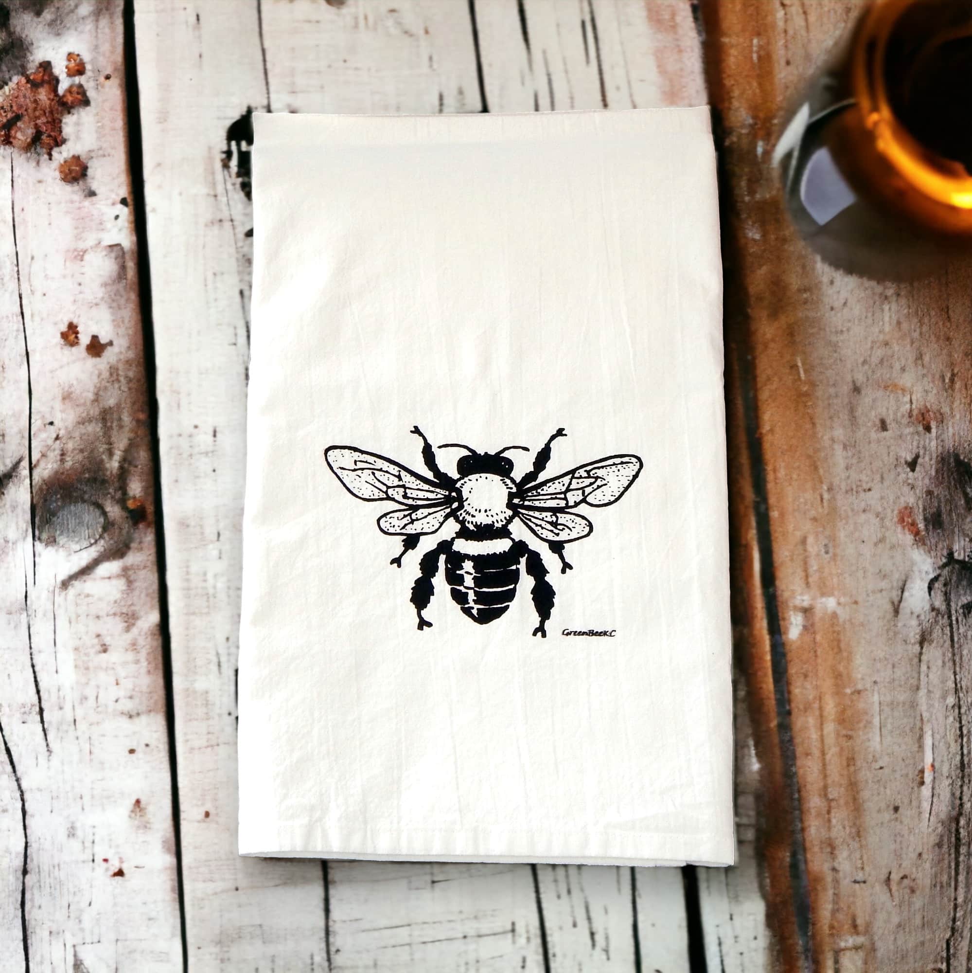 Tea Towel: Honey bee variety. Black. Yellow. White. Bees.