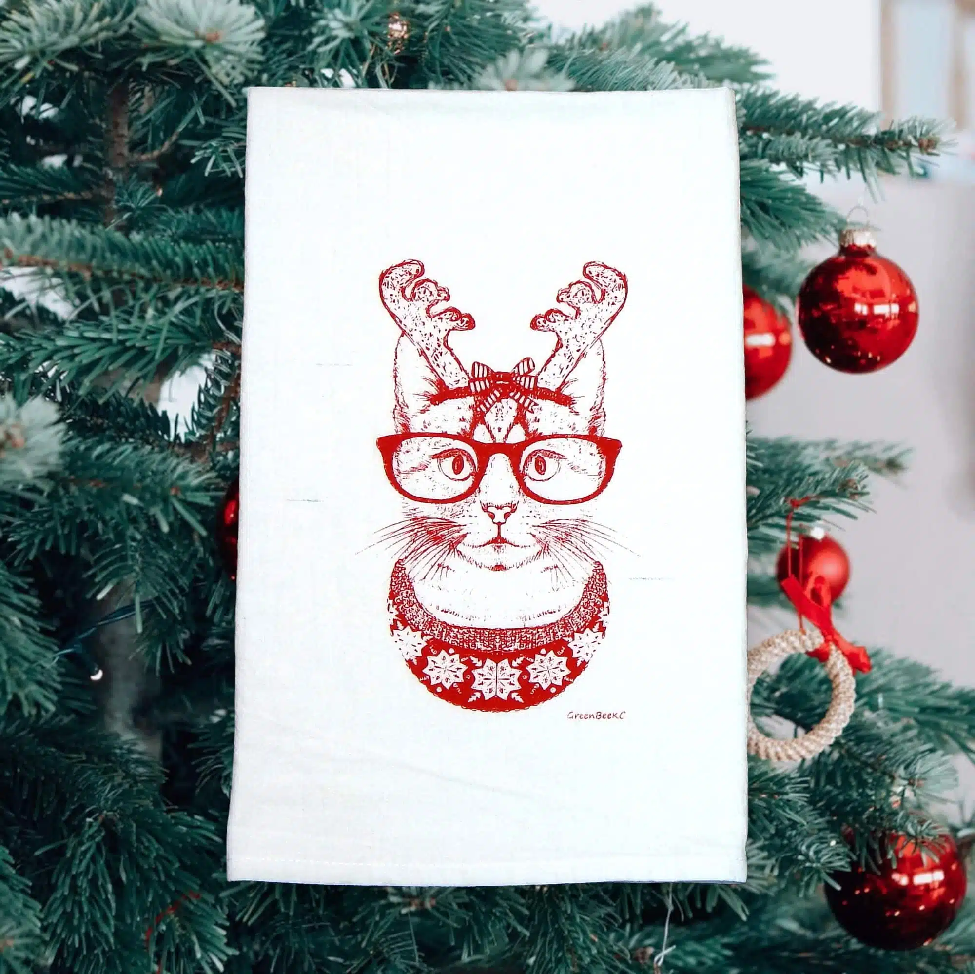 hipster cat Christmas kitchen tea towel
