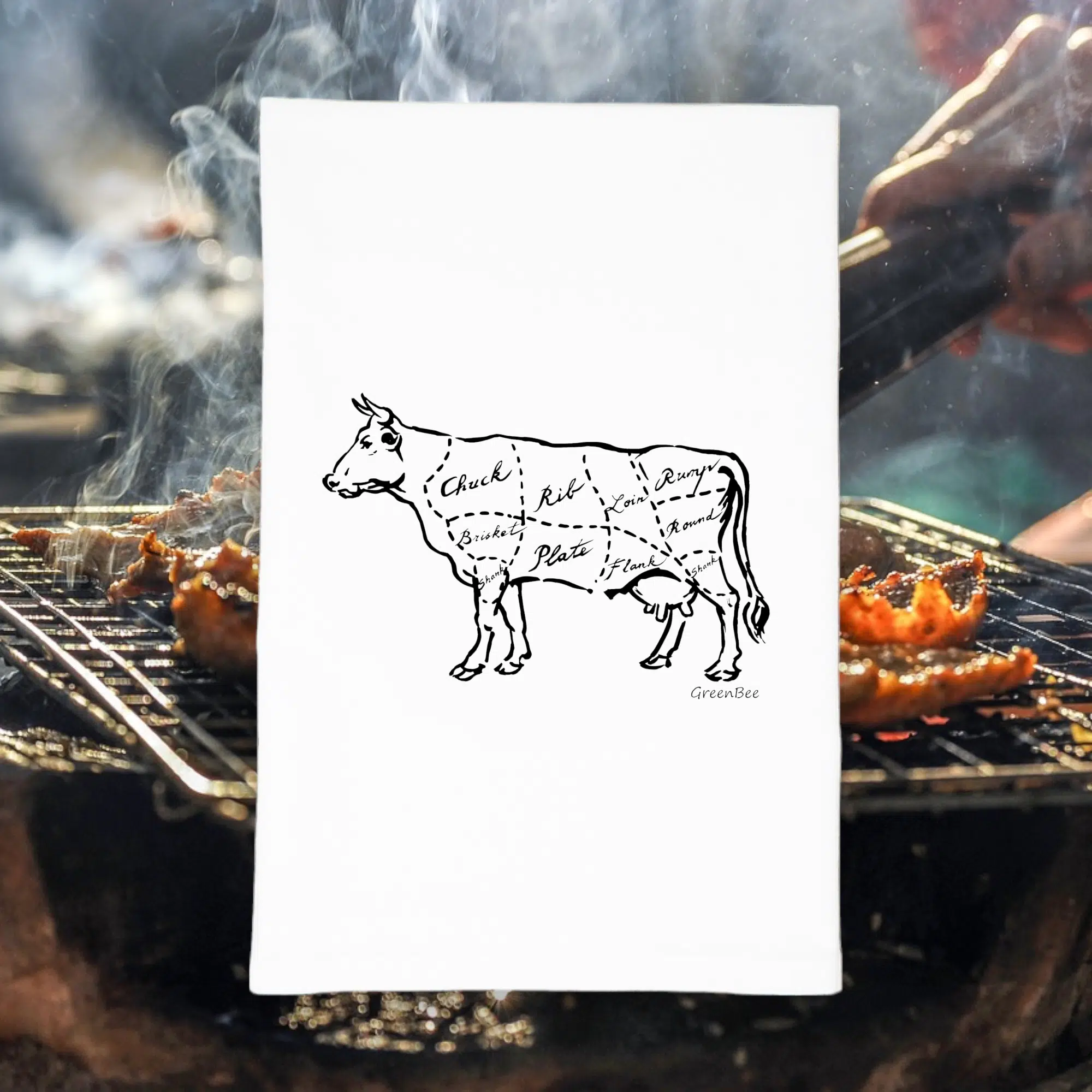 beef butcher cuts image on kitchen towel, tea towel