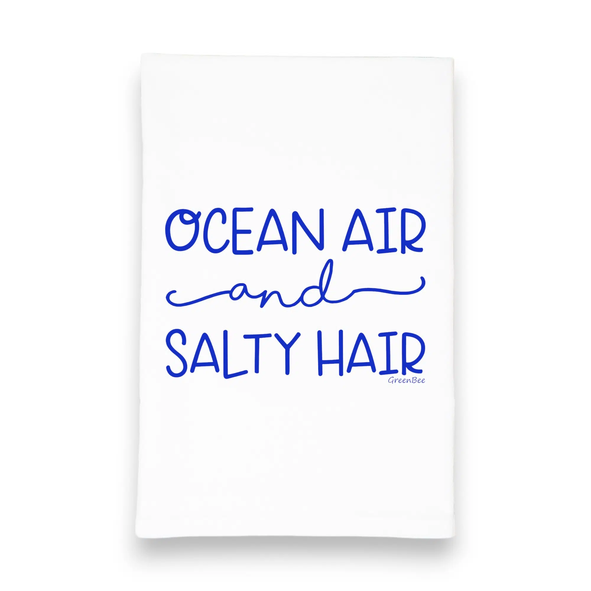kitchen tea towel with blue lettering saying Ocean Air & Salty Hair kitchen tea towel