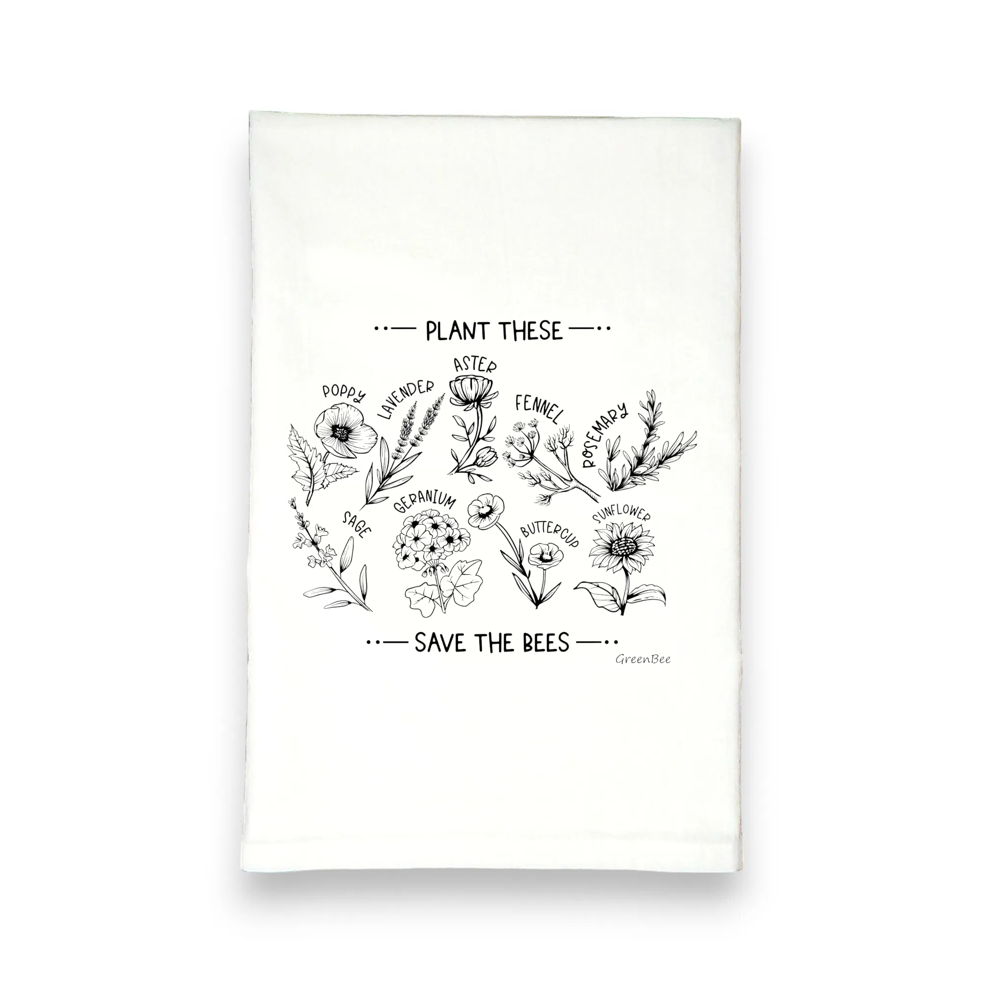Plant these to save the bees tea towel with flowers printed on them
